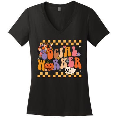 Funny Social Worker Halloween School Social Work Retro Ghost Women's V-Neck T-Shirt