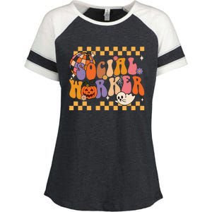 Funny Social Worker Halloween School Social Work Retro Ghost Enza Ladies Jersey Colorblock Tee