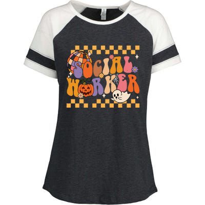 Funny Social Worker Halloween School Social Work Retro Ghost Enza Ladies Jersey Colorblock Tee