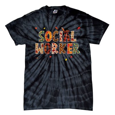 Funny Social Worker Pumpkin Autumn Tree Fall Leaves Tie-Dye T-Shirt