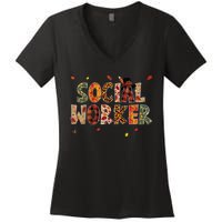 Funny Social Worker Pumpkin Autumn Tree Fall Leaves Women's V-Neck T-Shirt