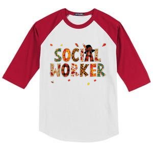 Funny Social Worker Pumpkin Autumn Tree Fall Leaves Kids Colorblock Raglan Jersey