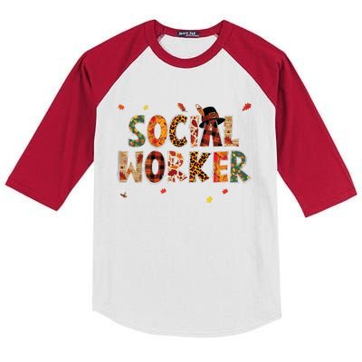 Funny Social Worker Pumpkin Autumn Tree Fall Leaves Kids Colorblock Raglan Jersey