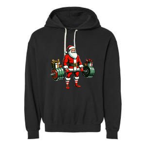 Funny santa Weightlifting christmas santa deadlifting Garment-Dyed Fleece Hoodie