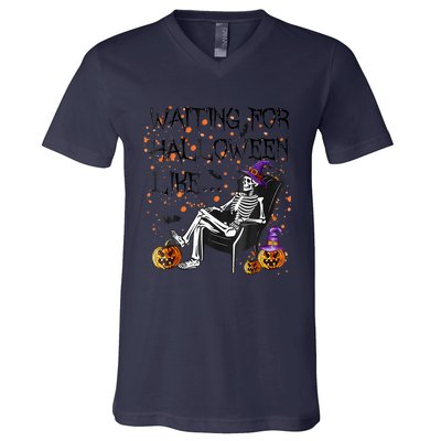 Funny Skeleton Waiting For Halloween V-Neck T-Shirt