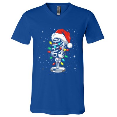 Funny Singer Xmas Lights Santa Hat Singing Christmas Gift V-Neck T-Shirt