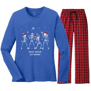 Funny Skeleton Xmas Dead Inside But Merry Skeleton Dancing Gift Women's Long Sleeve Flannel Pajama Set 