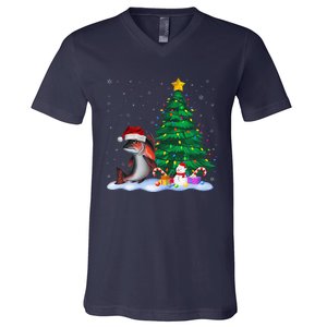 Funny Salmon Xmas Tree Lights Reindeer Hat Christmas V-Neck T-Shirt