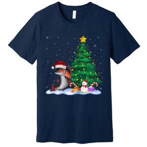 Funny Salmon Xmas Tree Lights Reindeer Hat Christmas Premium T-Shirt