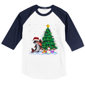 Funny Salmon Xmas Tree Lights Reindeer Hat Christmas Baseball Sleeve Shirt