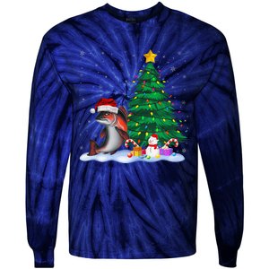 Funny Salmon Xmas Tree Lights Reindeer Hat Christmas Tie-Dye Long Sleeve Shirt