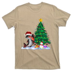 Funny Salmon Xmas Tree Lights Reindeer Hat Christmas T-Shirt