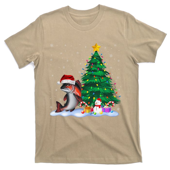 Funny Salmon Xmas Tree Lights Reindeer Hat Christmas T-Shirt