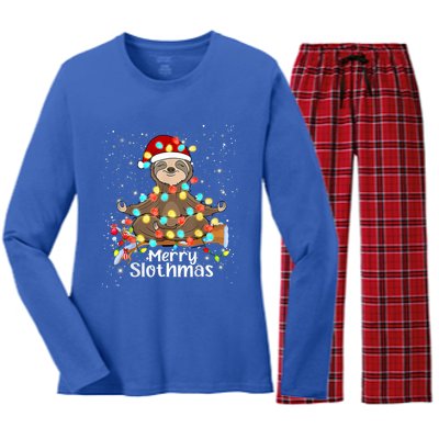 Funny Sloth Xmas Lights Merry Slothmas Sloth Christmas Funny Gift Women's Long Sleeve Flannel Pajama Set 