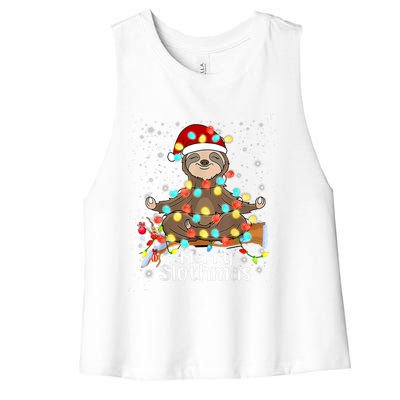 Funny Sloth Xmas Lights Merry Slothmas Sloth Christmas Funny Gift Women's Racerback Cropped Tank