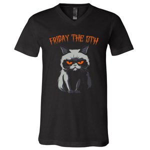 Friday The 13th 2024 Black Cat Halloween Funny Cat Mom Dad V-Neck T-Shirt