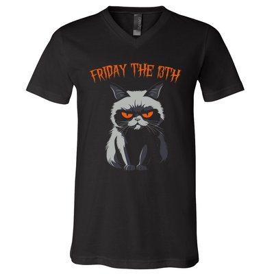 Friday The 13th 2024 Black Cat Halloween Funny Cat Mom Dad V-Neck T-Shirt