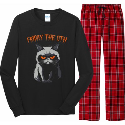 Friday The 13th 2024 Black Cat Halloween Funny Cat Mom Dad Long Sleeve Pajama Set