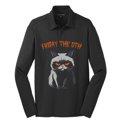 Friday The 13th 2024 Black Cat Halloween Funny Cat Mom Dad Silk Touch Performance Long Sleeve Polo