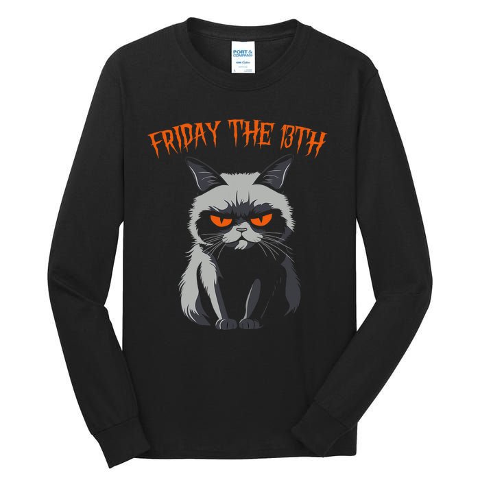 Friday The 13th 2024 Black Cat Halloween Funny Cat Mom Dad Tall Long Sleeve T-Shirt