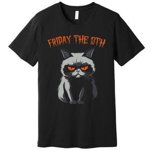 Friday The 13th 2024 Black Cat Halloween Funny Cat Mom Dad Premium T-Shirt