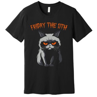 Friday The 13th 2024 Black Cat Halloween Funny Cat Mom Dad Premium T-Shirt