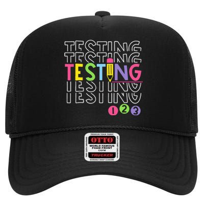 Funny Testing 123 Retro School Test Day Teacher Student High Crown Mesh Back Trucker Hat