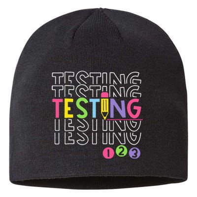 Funny Testing 123 Retro School Test Day Teacher Student Sustainable Beanie