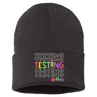 Funny Testing 123 Retro School Test Day Teacher Student Sustainable Knit Beanie