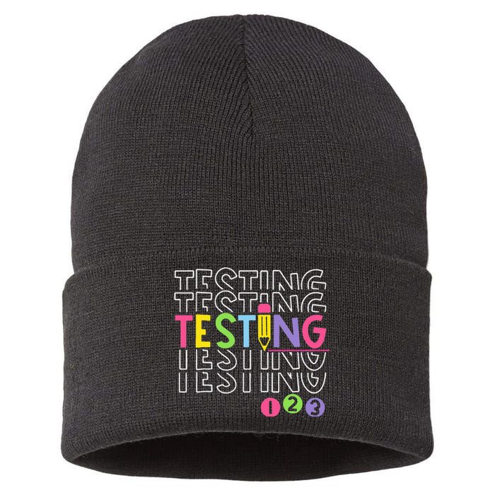 Funny Testing 123 Retro School Test Day Teacher Student Sustainable Knit Beanie