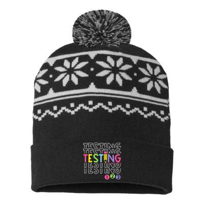 Funny Testing 123 Retro School Test Day Teacher Student USA-Made Snowflake Beanie