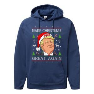 Funny Trump 2024 Make Christmas Great Again Ugly Sweater Performance Fleece Hoodie