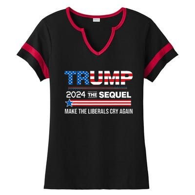 Funny Trump 2024 The Sequel Make Liberals Cry Again Us Flag Ladies Halftime Notch Neck Tee