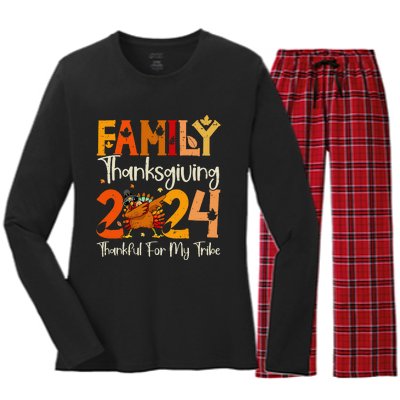 Family Thanksgiving 2024 Crew Dabbing Turkey Group Matching Gift Women's Long Sleeve Flannel Pajama Set 