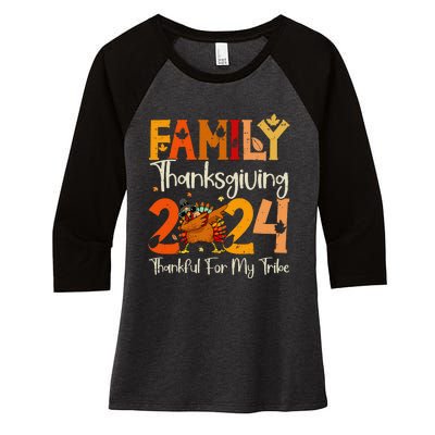 Family Thanksgiving 2024 Crew Dabbing Turkey Group Matching Gift Women's Tri-Blend 3/4-Sleeve Raglan Shirt