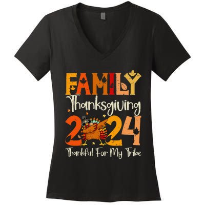 Family Thanksgiving 2024 Crew Dabbing Turkey Group Matching Gift Women's V-Neck T-Shirt