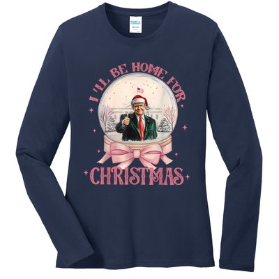 Funny Trump 2024 ILl Be Home Christmas Santa Xmas Pajamas Ladies Long Sleeve Shirt