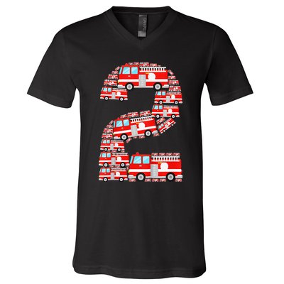 Fire Truck 2nd Birthday 2 Year Old Firefighter V-Neck T-Shirt