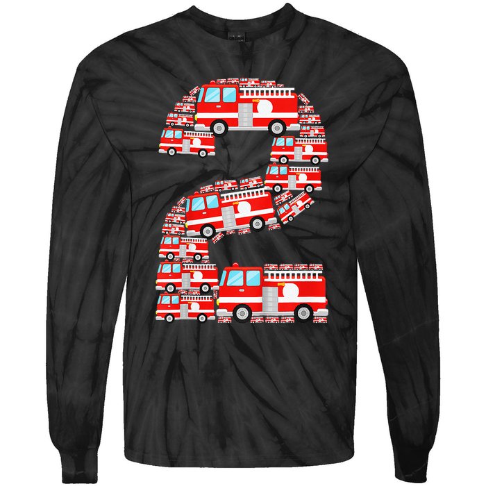 Fire Truck 2nd Birthday 2 Year Old Firefighter Tie-Dye Long Sleeve Shirt