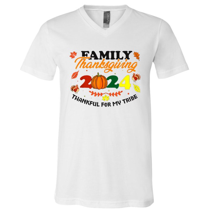 Family Thanksgiving 2024 Thankful For My Tribe Group Autumn V-Neck T-Shirt