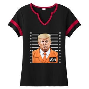 Funny Trump 2024 Prisoner Mugshot Ladies Halftime Notch Neck Tee