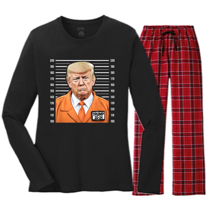 Funny Trump 2024 Prisoner Mugshot Women's Long Sleeve Flannel Pajama Set 