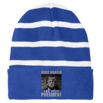 Funny Trump 2024 Most Wanted Mugshot For President Gift Striped Beanie with Solid Band