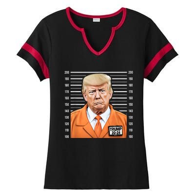 Funny Trump 2024 Prisoner Mugshot Ladies Halftime Notch Neck Tee