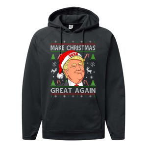 Funny Trump 2024 Make Christmas Great Again Ugly Sweater Performance Fleece Hoodie