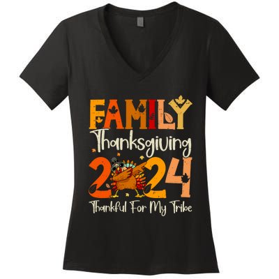 Family Thanksgiving 2024 Crew Dabbing Turkey Group Matching Women's V-Neck T-Shirt