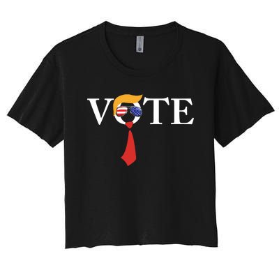 Funny Trump 2024 Vote With Trump Hair Sunglasses Us Flag Women's Crop Top Tee