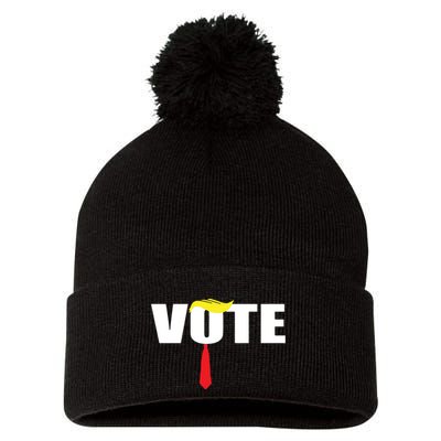 Funny Trump 2024 Vote With Trump Hair And Red Necktie Pom Pom 12in Knit Beanie
