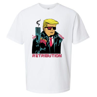 Funny Trump 2024 Cartoon I Am Your Retribution Trumpinator I'll Be Back 2024 Sueded Cloud Jersey T-Shirt