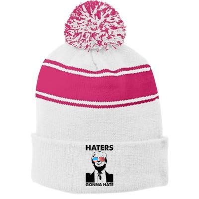 Funny Trump 2024 Haters Gonna Hate Glasses American Flag Stripe Pom Pom Beanie